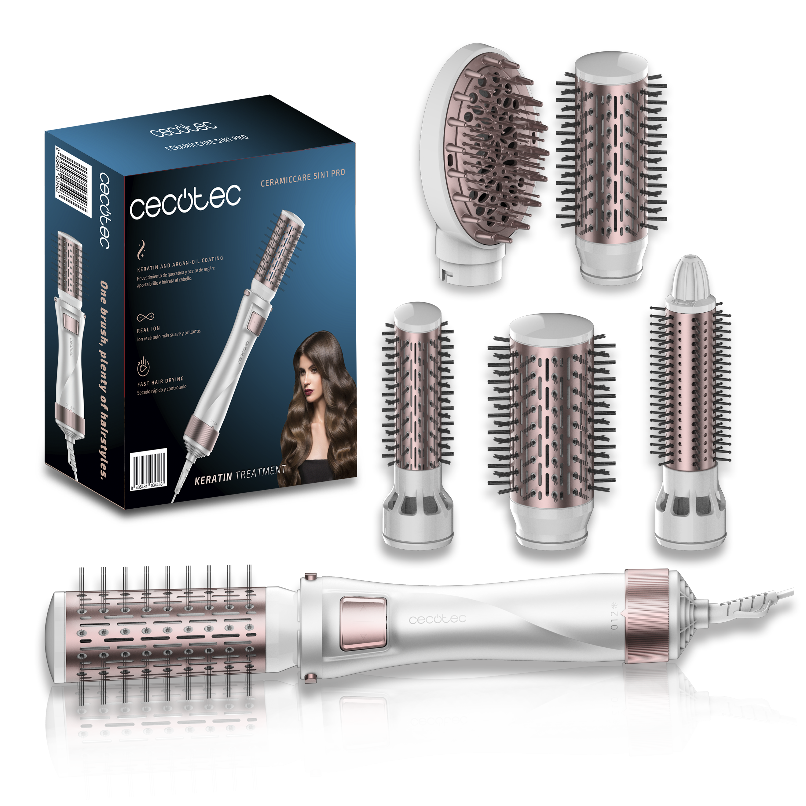 Cecotec Ceramic Care 5in1 Pro, Hot air brush with 5 interchangeable brush heads, 1000Watts, White