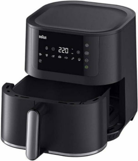 Black Braun air fryer with digital display on a white background