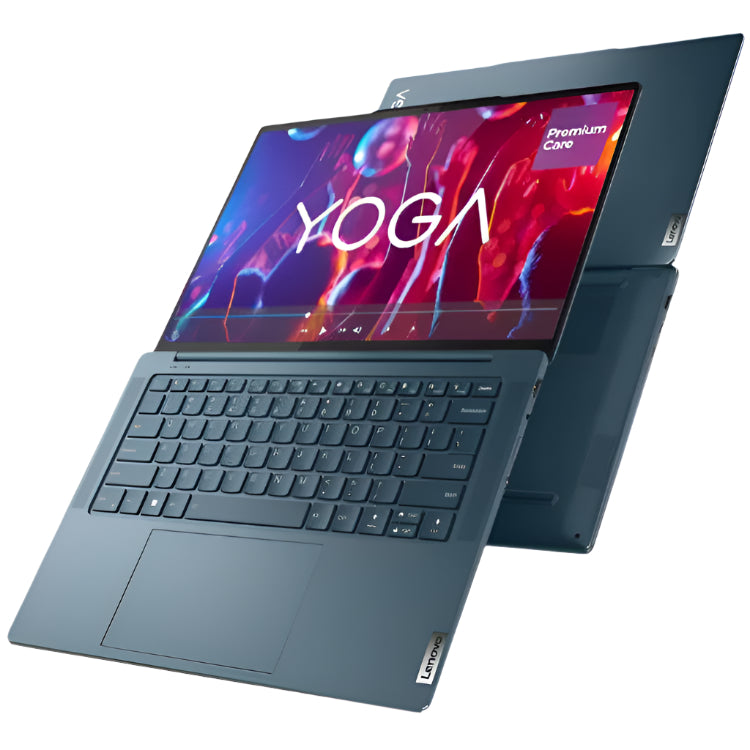 Lenovo Yoga laptop with colorful display and keyboard.