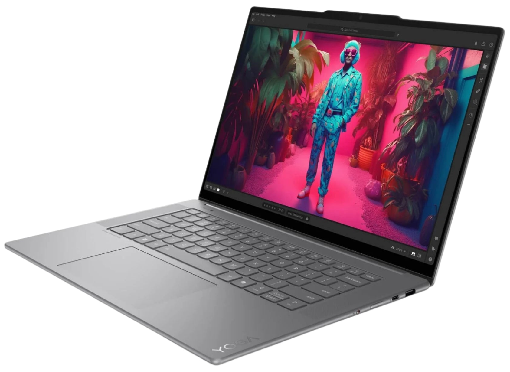 Lenovo Yoga Slim7 Ultra7 laptop with a colorful screen displaying a graphic image, showcasing the 15.3-inch screen and sleek design.
