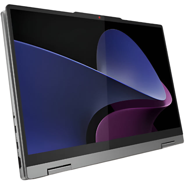 Laptop with a dark screen displaying a abstract blue and purple design.