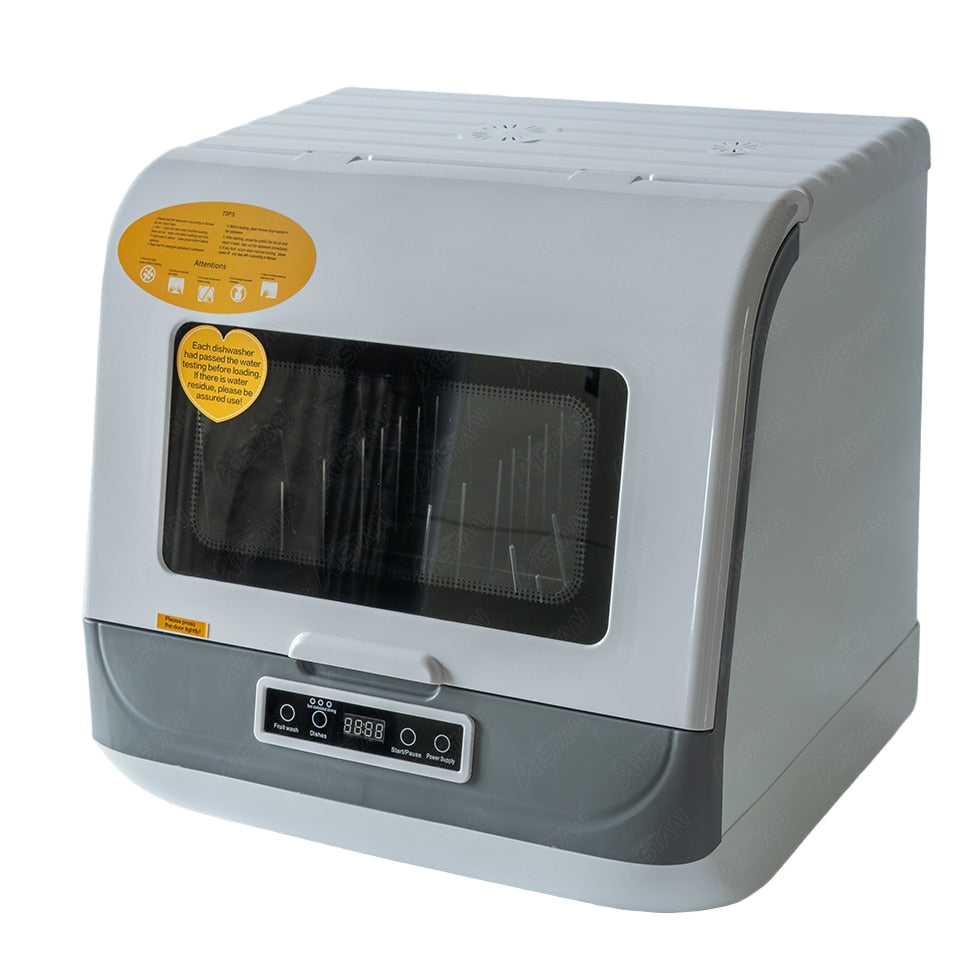 A compact white Mini Dish Washer with silver accents, featuring a transparent door and control panel on the front.