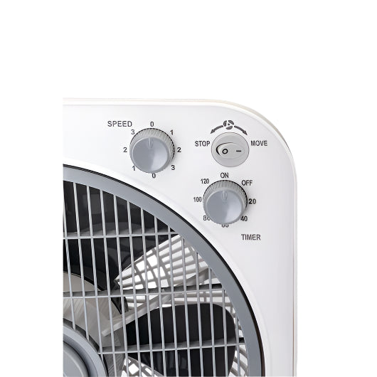 Close-up of a white fan with control knobs on a white background