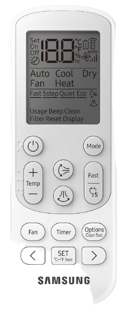 Samsung air conditioner remote control with digital display and various buttons.