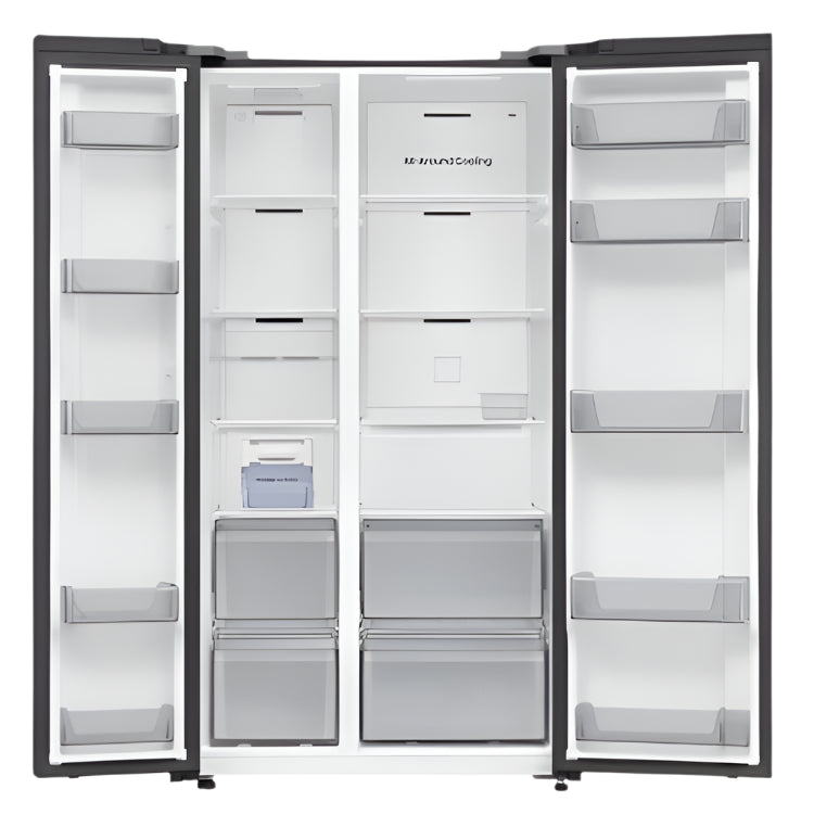 Side-by-side refrigerator with open doors showing various storage compartments on a white background.