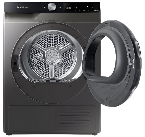 Samsung dryer with open door on a white background