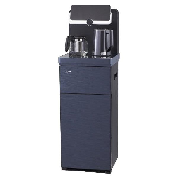 Blue water cooler with coffee-making equipment on a white background
