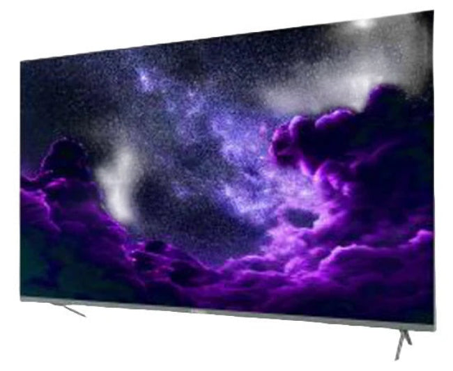 Smart TV displaying a vibrant purple and blue nebula on a white background