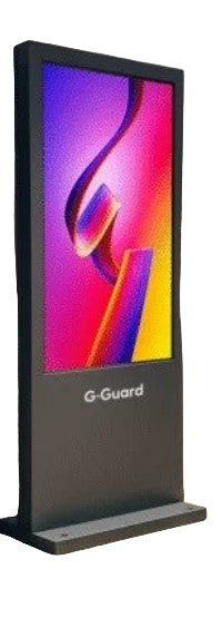 Digital display with G-Guard branding on a sidewalk