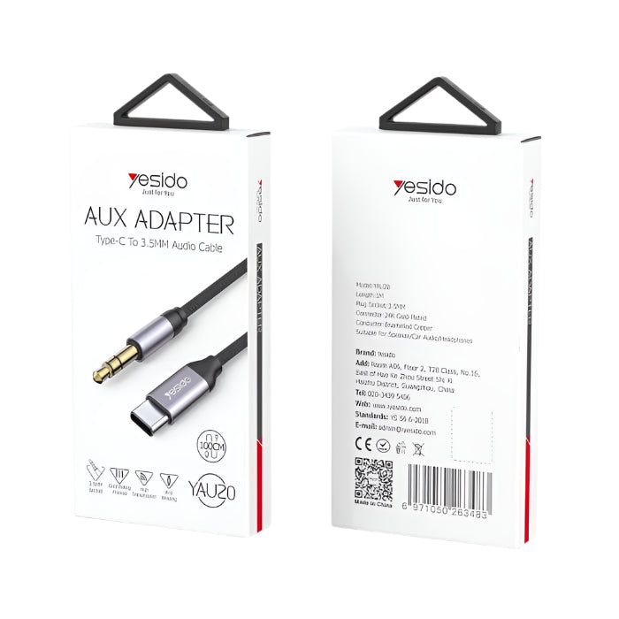 YAU-20/Yesido 3.5mm-Type C AUX Audio cable 1M Cable / Black / N/A