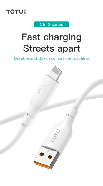 A white TOTU brand 27W fast charging PVC cable with a USB-C connector on one end and a Lightning connector on the other, advertised with the model number CB-3 series and the feature of fast charging.