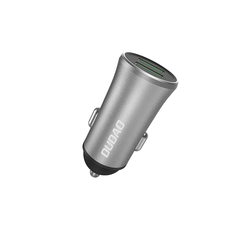 Dudao Dual Car Charger in gray color with a compact design, featuring two USB ports and the brand logo on the side.