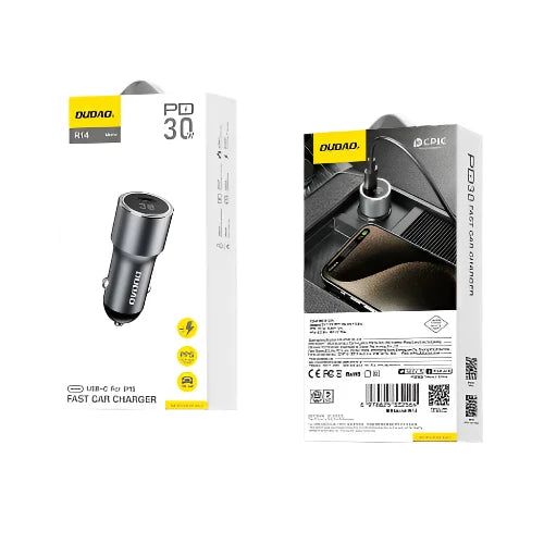 شاحن Dudao سريع بمنفذ يو اس بي-C لهواتف ايفون 15، بقدرة 30 واط، رمادي