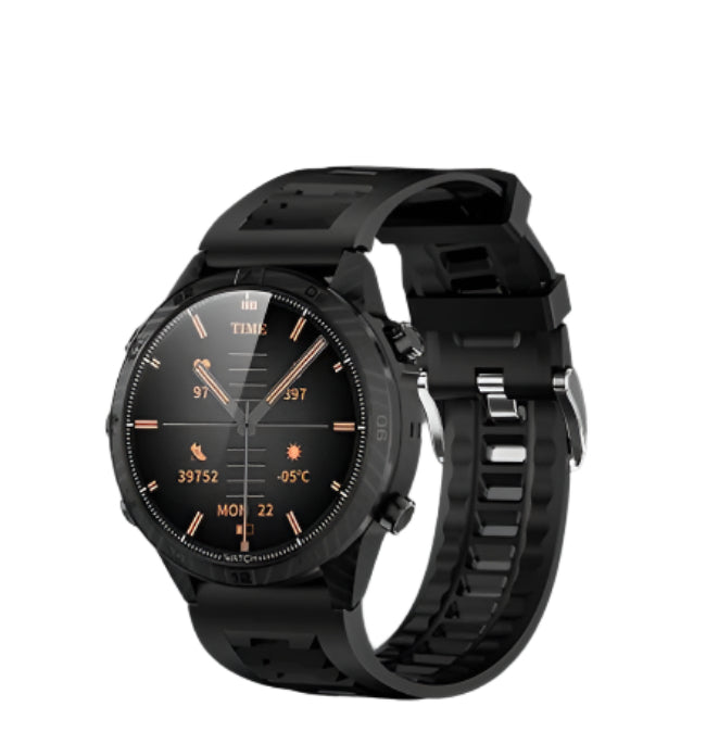 Black smartwatch with a detailed display on a gray background, labeled SW-05 AI Smart watch.