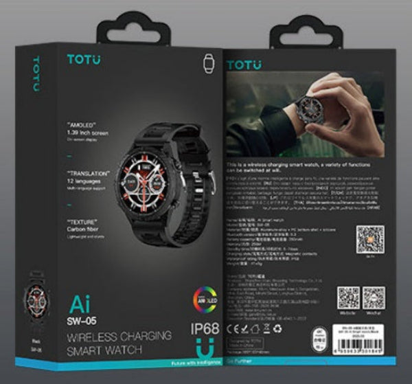 TOTU smartwatch packaging with product details and images on a gray background