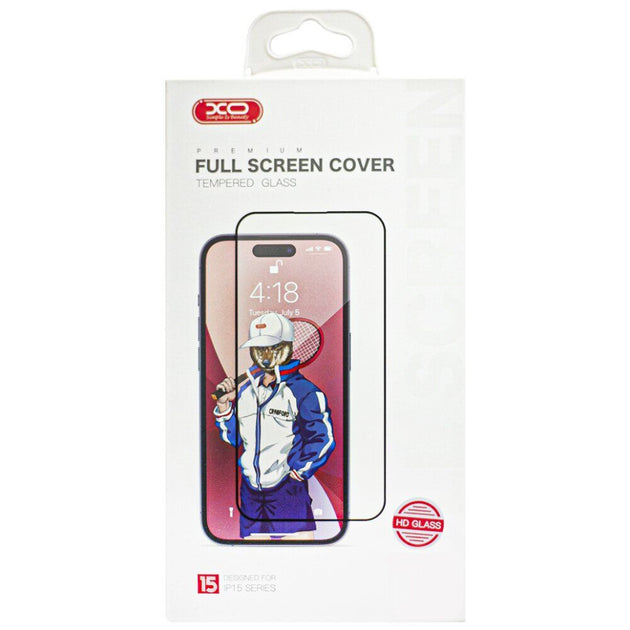 Packaged tempered glass screen protector with a character design on a white background