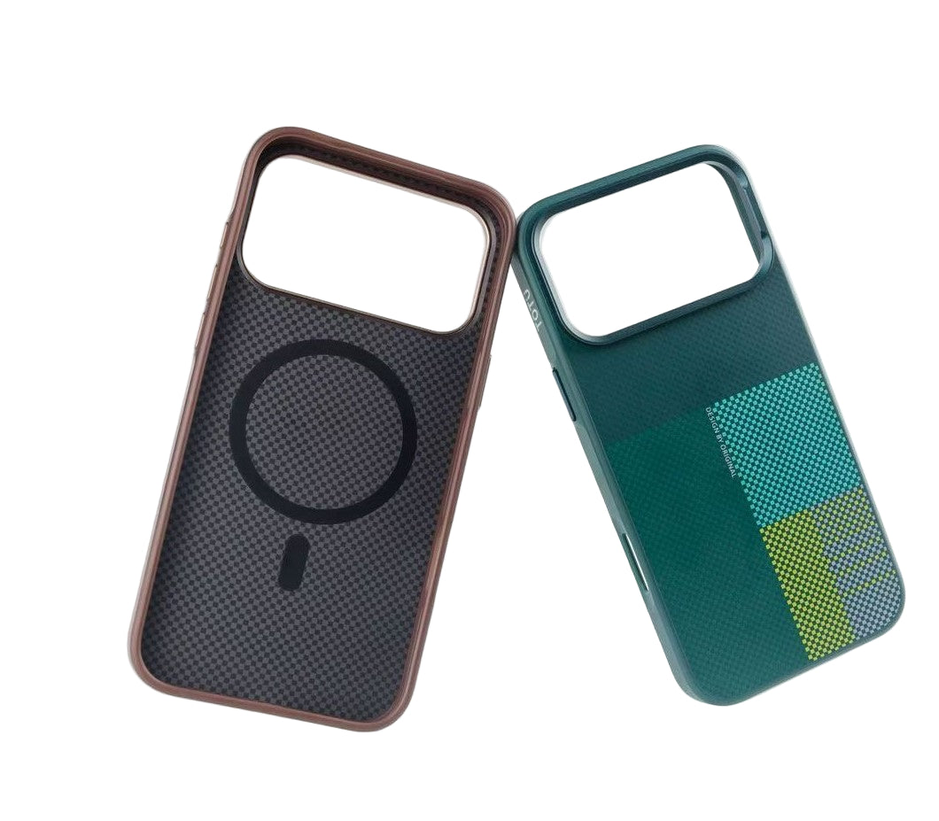 Two phone cases, one brown and one green with a textured pattern, on a white background.