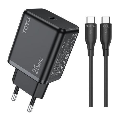 Black charging adapter and cables with TOTU branding on a white background