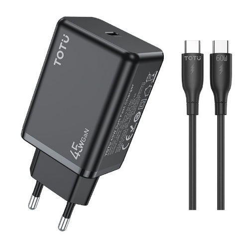 Black TOTU charger with two cables on a white background