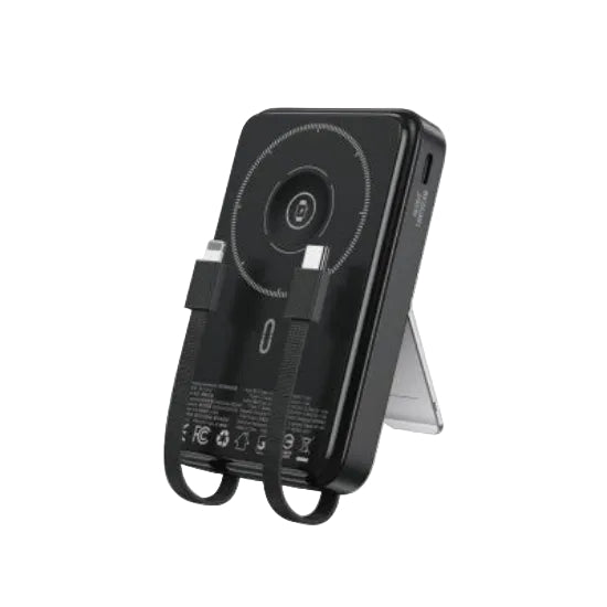 Black portable charger with multiple ports on a white background