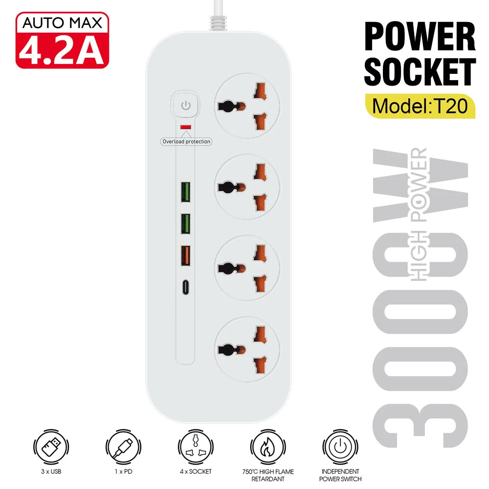 T20-2M / Power Socket- 4 AC AUTO MAX 4.2A 3000W/ cable 2m SOCKETS / Black