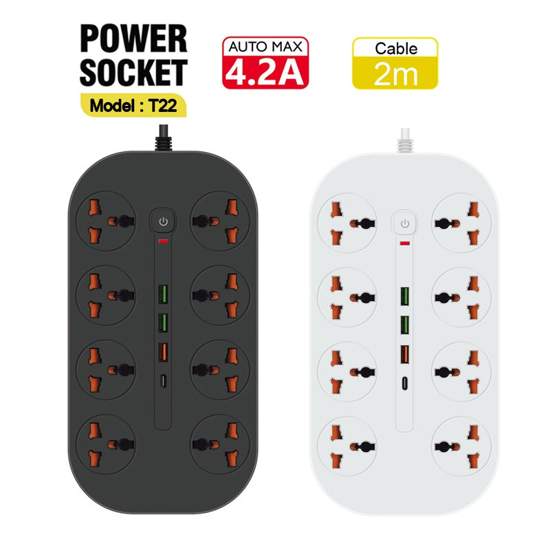 T22-2m / Power Socket- 8 AC AUTO MAX 4.2A 3000W/ cable 2m SOCKETS / Black