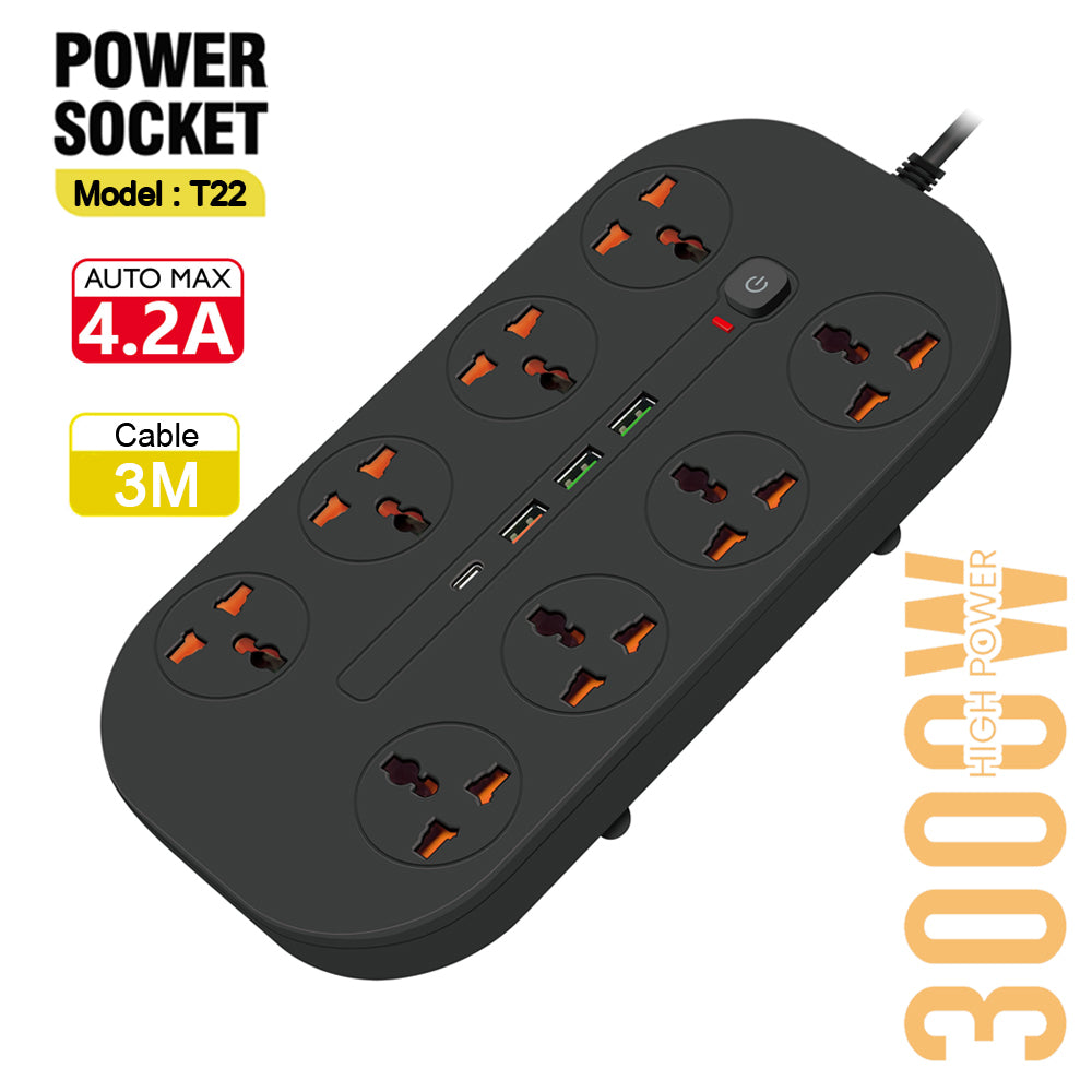 T22-3m / Power Socket- 8 AC AUTO MAX 4.2A 3000W/ cable 3m SOCKETS / Black