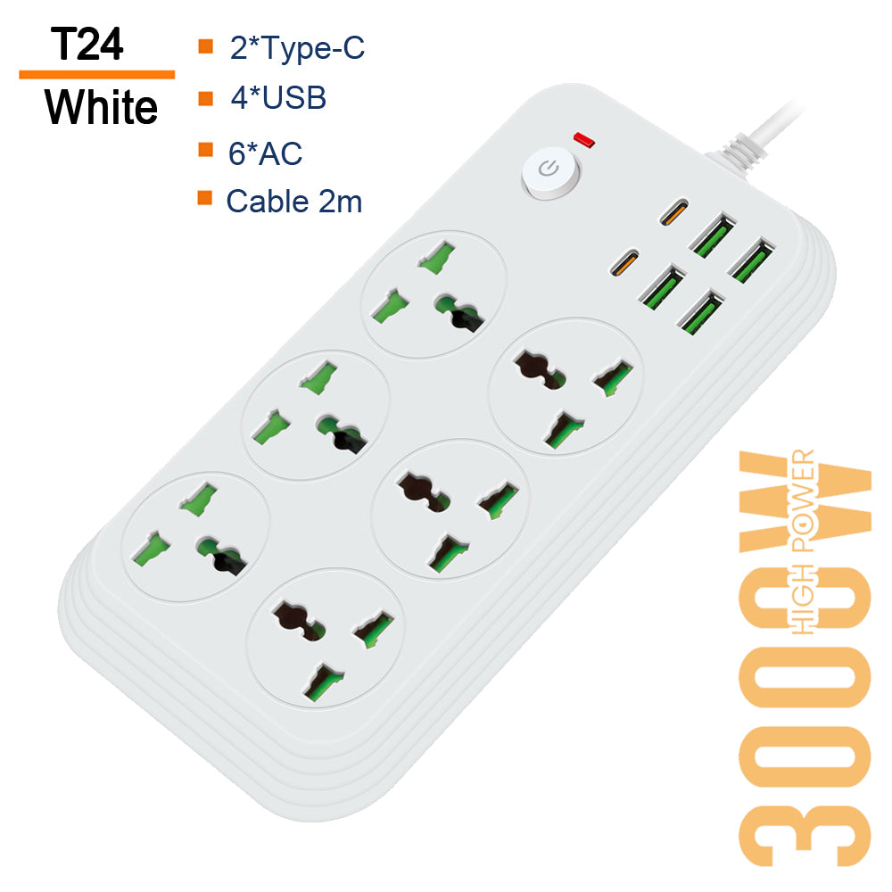 T24-2m / Power Socket- 6 AC-4USB-2TYPE C 3000W/ cable 2m SOCKETS / Black