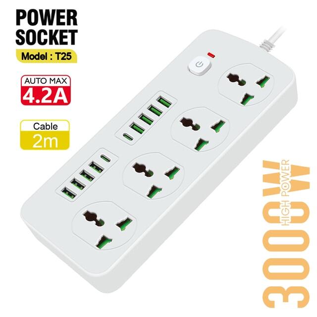 T25-2m / Power Socket- 4 AC-8USB-2TYPE C 3000W/ cable 2m SOCKETS / Black