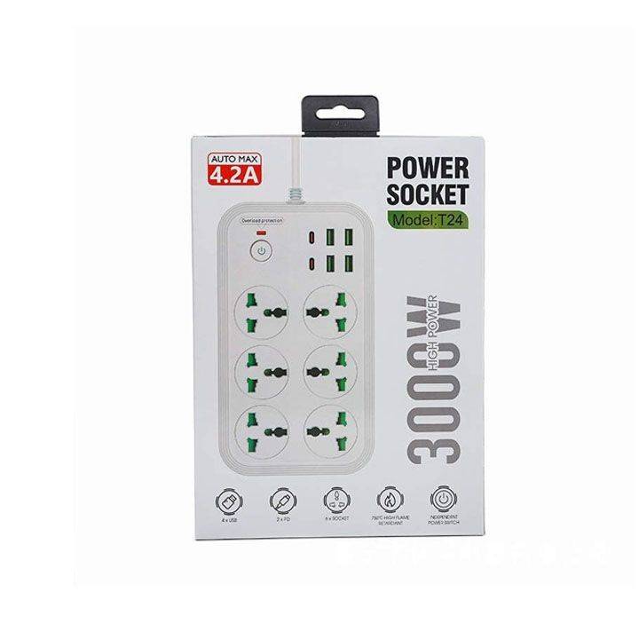 T24-3m /SHT Power Socket- 6 AC-4USB-2TYPE C 3000W/ cable 3m