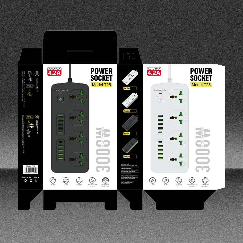 T25-3m /SHT Power Socket- 4 AC-8USB-2TYPE C 3000W/ cable 3m