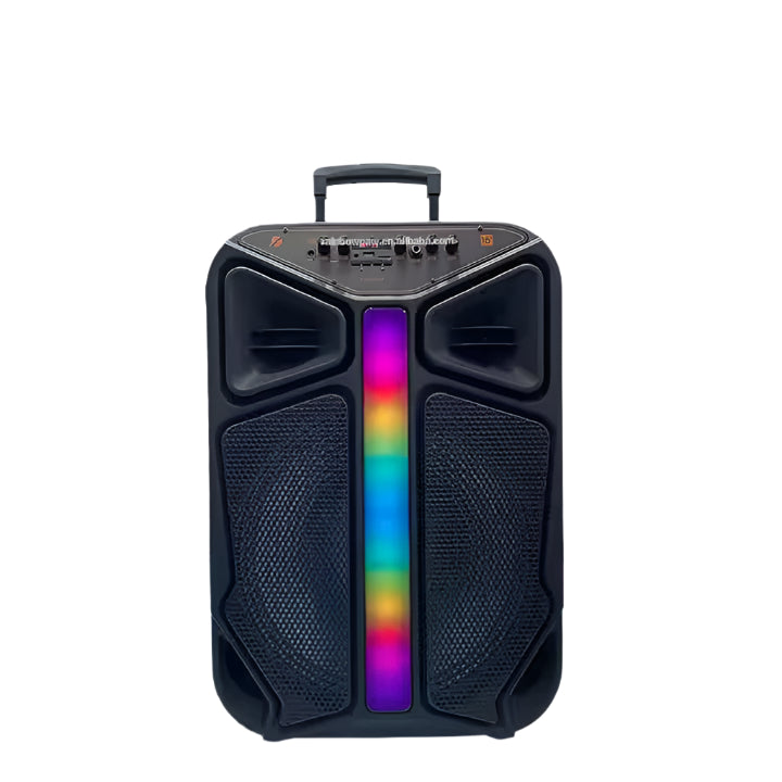 Black portable speaker with rainbow LED strip on a white background
