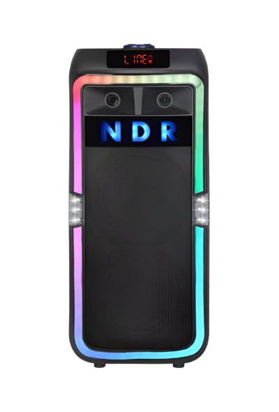 Portable speaker with colorful LED lights and 'NDR' branding on a white background