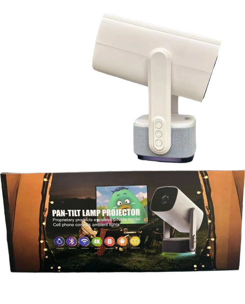 White lamp projector on a black stand with packaging displaying product features.