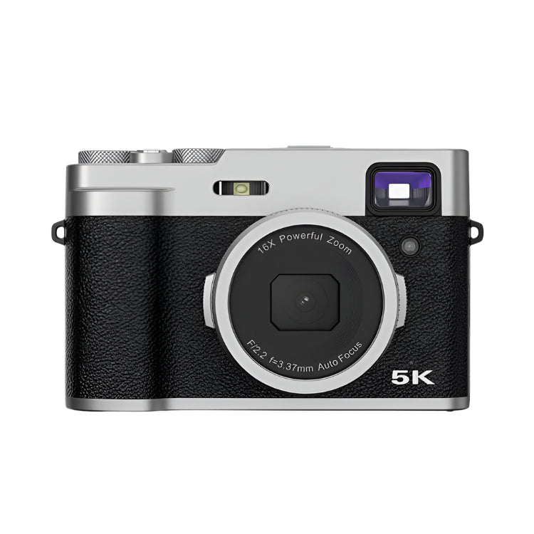 Digital camera with '5K' and '16x Powerful Zoom' text on a white background