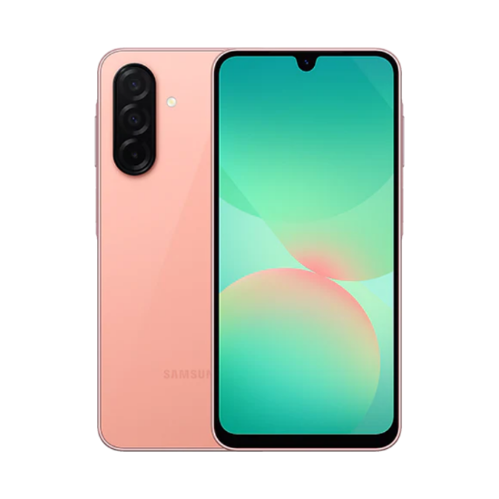 Samsung Galaxy A26 5G smartphone in pink color with a clear display and back showing the camera and 5G antenna.