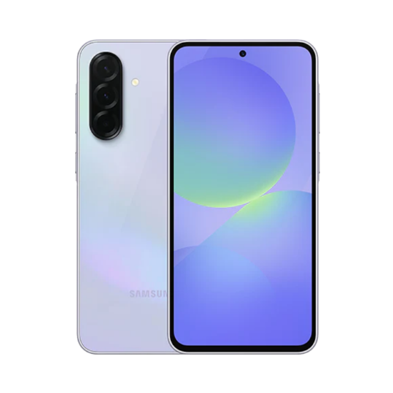 Samsung Galaxy A36 5G smartphone in light violet color with a clear screen and back showing the camera lenses.