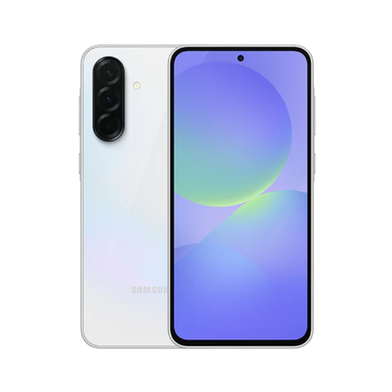 Samsung Galaxy A36 5G smartphone in gray color with a clear display and a visible camera module on the back.