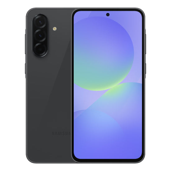 Samsung Galaxy A36 5G smartphone in black color with a clear display and a visible camera module on the back.