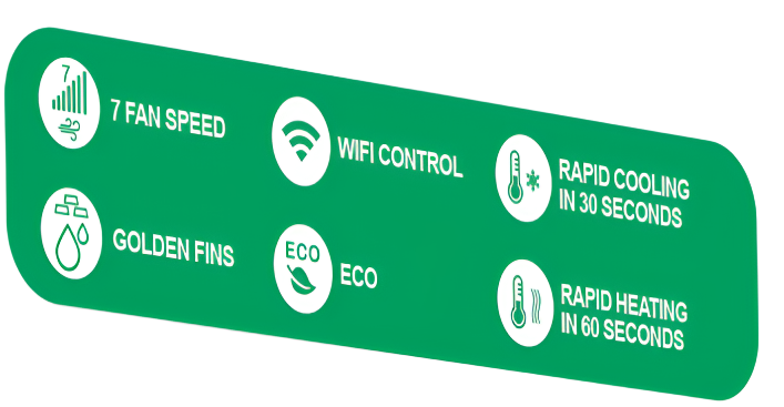 Green label with white icons and text on a white background