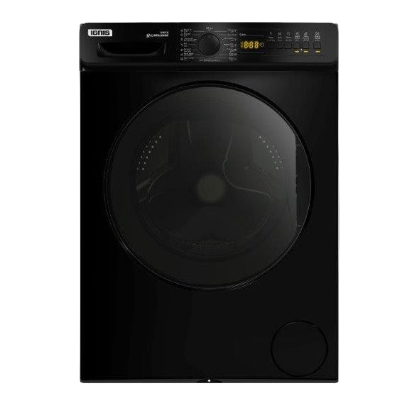Black washing machine with visible brand logo on a white background