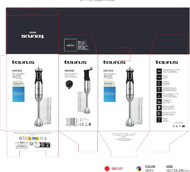 Taurus hand blender packaging with product and brand details.