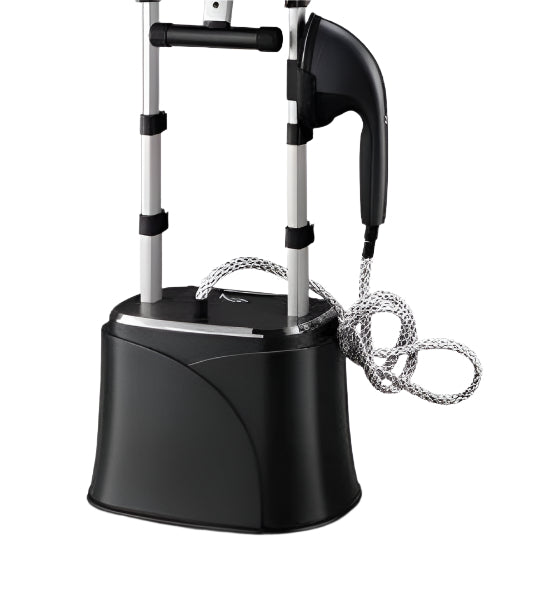 Black handheld vacuum cleaner with a stand on a white background
