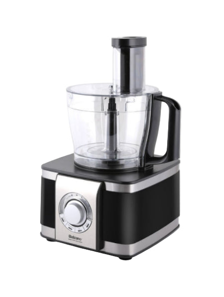 Black and silver food processor on a white background