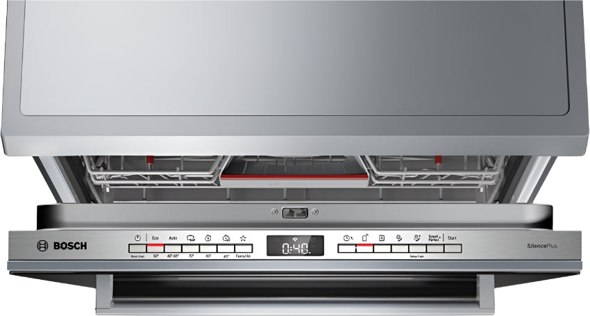 Bosch dishwasher with open door showing interior racks.