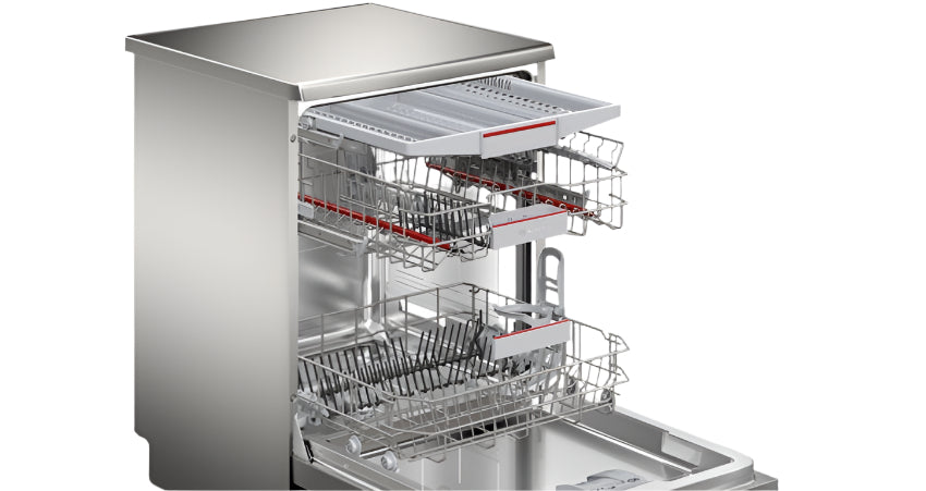 Stainless steel dishwasher with open door showing interior racks on a light background