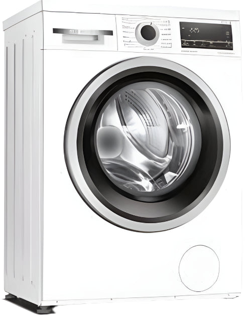 White washing machine with black door on a white background