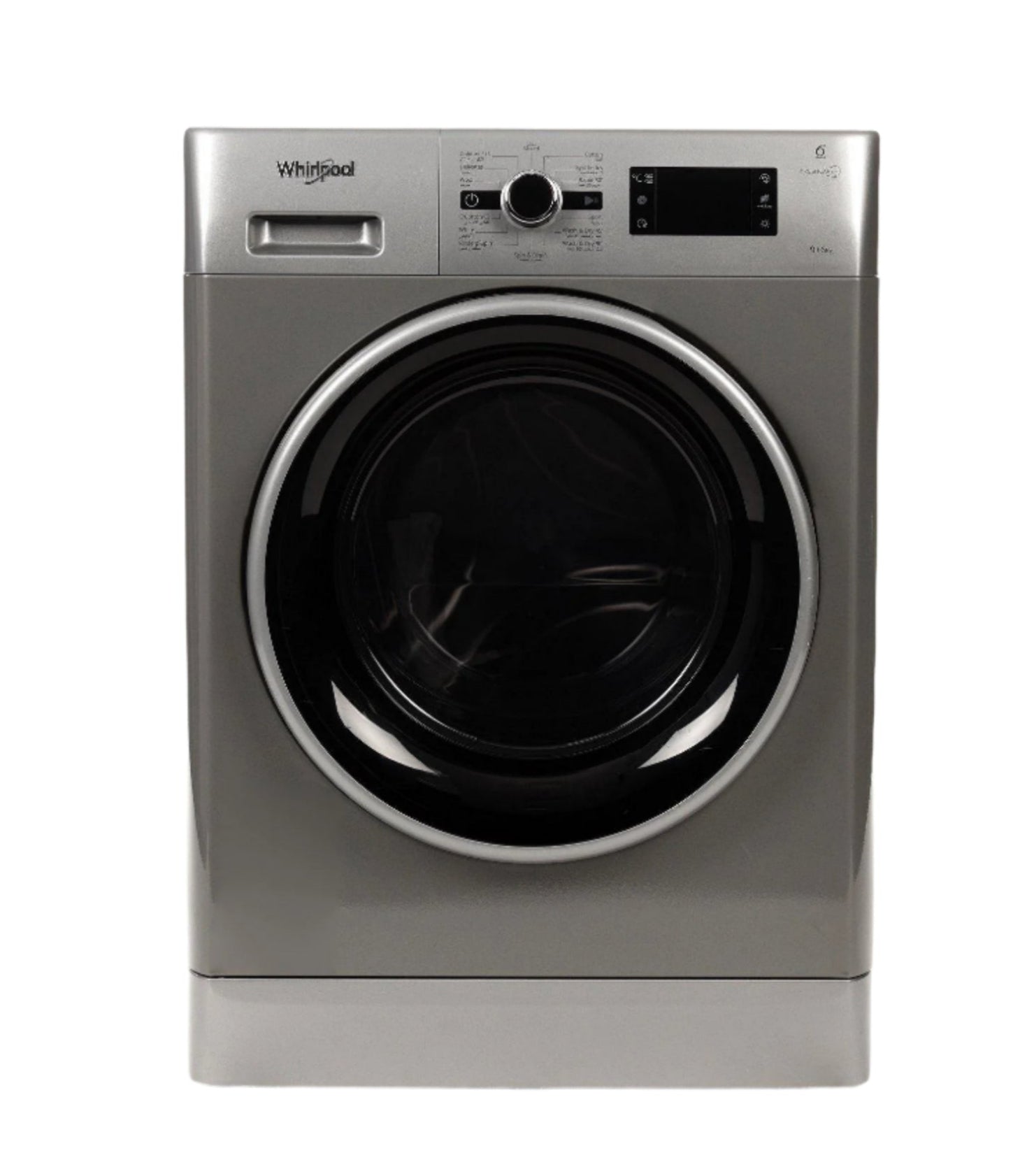 Silver Whirlpool washing machine on a white background