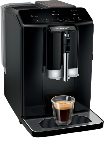 Black Bosch coffee machine with a glass of coffee on a white background