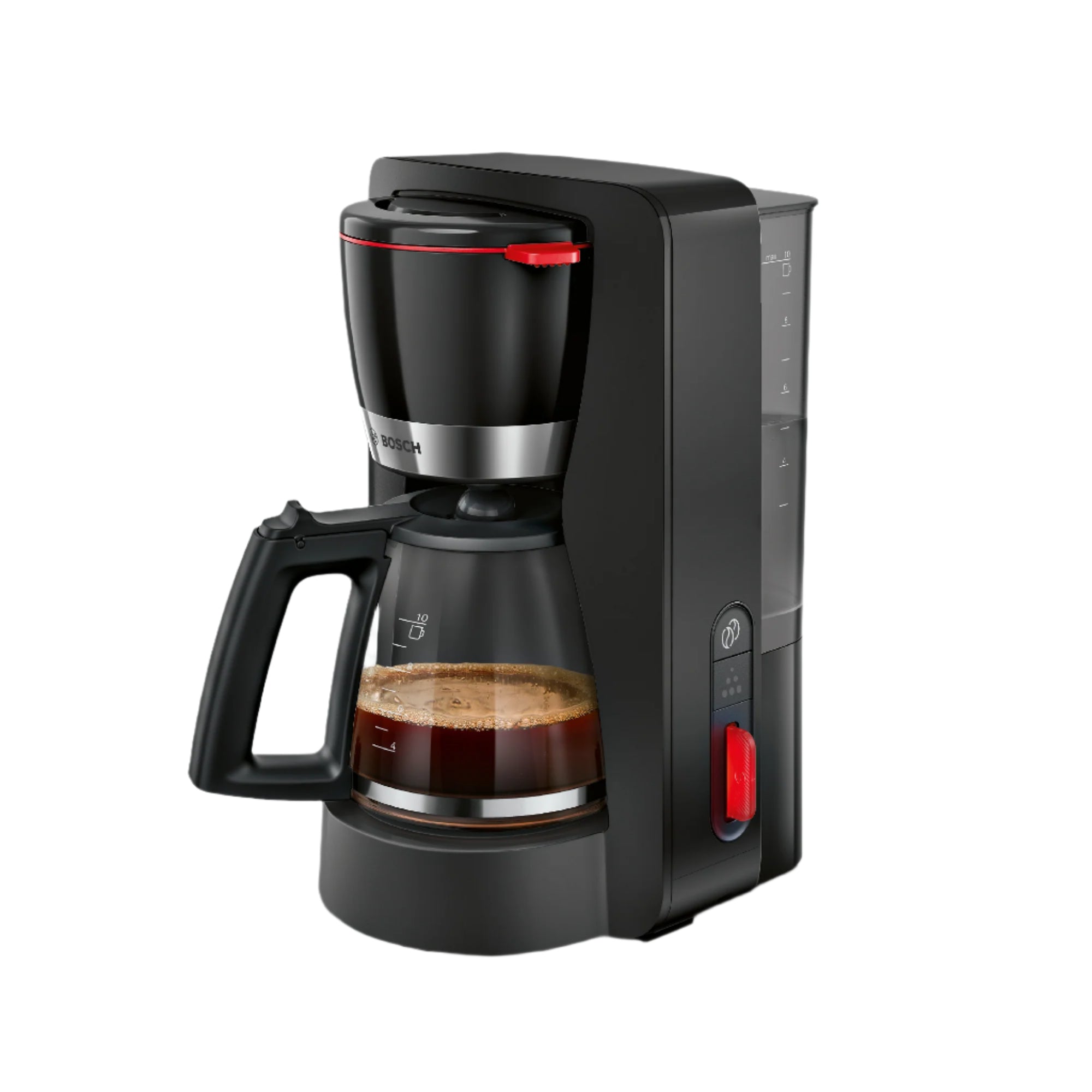 Black coffee maker with a glass carafe on a white background